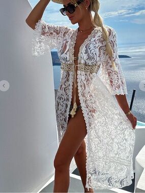 New Collection boho white lace beach cover-up bell sleeves waist-tie. S (2/4)